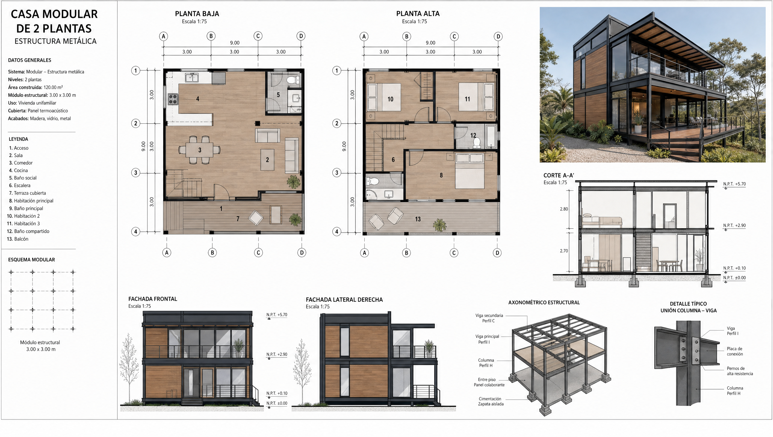 Plano arquitectonico Casa Modular 120 m2 dos plantas